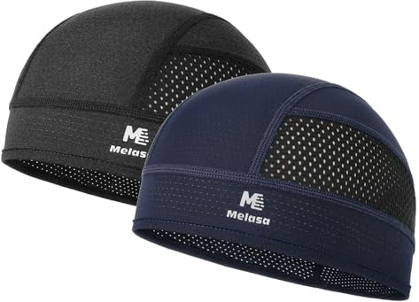 MELASA 2-Pack Cooling Skull Cap, Wicking Mesh Cycling Caps Under Helmet Summer Breathable Bicycle Motorcycle Sweat Hard Hat Liner Lightweight Wave Cap for Men and Women(Black&Navy Blue)