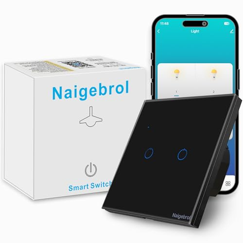 Naigebrol Touch Light Switch，Neutral wire required，With Safety Door，Timer by Smart Life App，Works with Alexa/Google Assistant，Remote Control，Voice Call，LED Dual-Color Backlight，2Gang Black