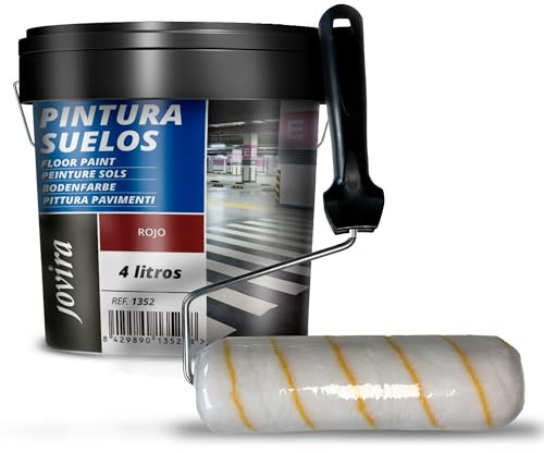 JOVIRA PINTURAS- 6 Kg - Pittura per pavimenti esterni ed interni, garage e superfici sportive in genere + Rullo Antigoccia 22 cm (4 Litri, Rosso + Rullo Antigoccia) B-13