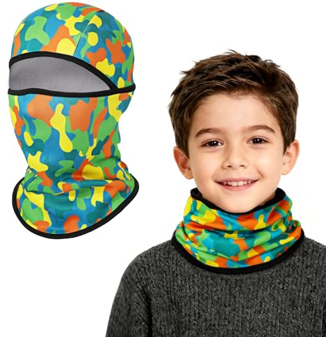 AYPOW Barn vinter termisk fleece balaklava, multifunktionell vindtät kamouflage ansikte skydd skidmask under hjälm, varm fleece hatt mössa huva halsvärmare halsduk för 4-8 år pojkar flickor