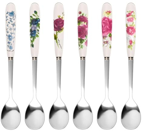 QEXUJOW Cucchiaini da dessert e da gelato,Set di 6 cucchiaini da tè in acciaio inox con manici in ceramica e finitura a specchio, perfetti per mescolare caffè, gelato e dessert.