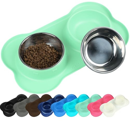 VIVAGLORY Dog Bowl Splashfree Pet Bowl, Dog Dish with Silicone Mat Placemat for Messy Eater, Double Stainless Steel Food Water Feeding Set Dishwasher Safe Spill Proof for Pet, S, Mint Green