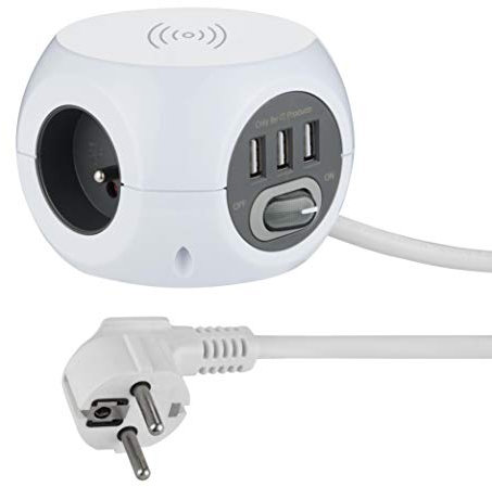 Electraline 35444 Mini Cube avec Chargeur rapide sans fils, Fast Wirelss Charger Qi, 3 Ports USB 2.4A, Bloc 3 Prises avec Interrupteur, Rallonge Multiprise 1,5M, Blanc
