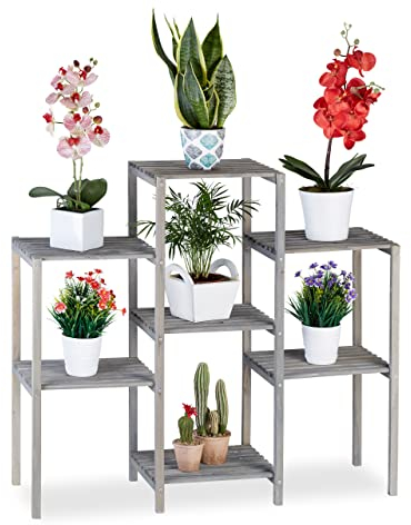 Relaxdays Blumentreppe Holz, Shabby Chic, Innenbereich, Wohnzimmer, Pflanzenregal, 7 Ablagen, HBT 86 x 95 x 29 cm, grau, Pflanzenregal grau
