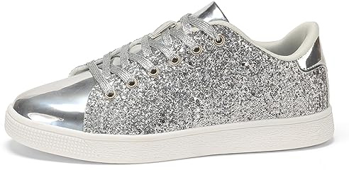 LUCKY STEP Glitter sneakers snörning | modesneakers | glittrande skor för kvinnor, SILVER, 6 US