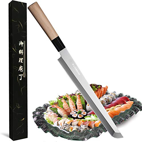Waterboss 10.6 inch (270mm) Sakimaru Sushi Chef Knife - Salmon Slicer, Razor Sharp Sashimi & Watermelon Knife, 5Cr15mov Stainless Steel, Maple Handle