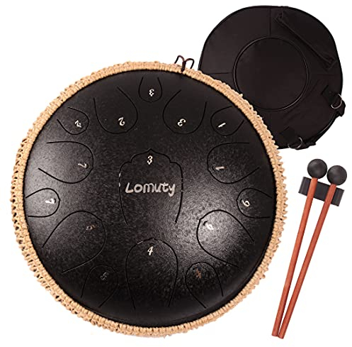 LOMUTY Stahlzungentrommel, 13 Zoll Steel Tongue Drum, D-Dur 15 Noten, Handtrommel HandPan Drum mit Drumsticks/Tragetasche(Schwarz)