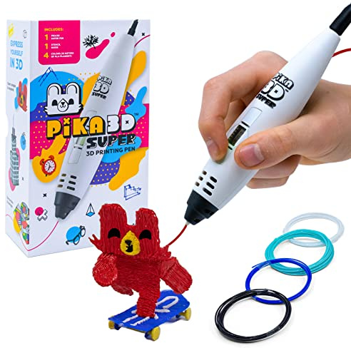 PIKA3D Super 3D PRINTING PEN - Includes 3D Pen, 4 Colors of PLA Filament Refill with Stencil Guide and User Manual, White