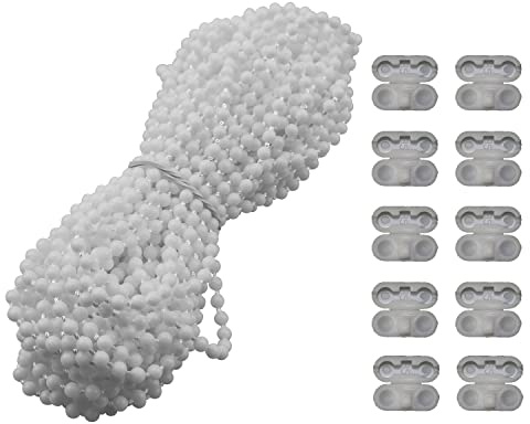 MEETOOT Blinds Pull Bead Chain Repairer Kit 10 Meter 10.94 Yards Plastic Roller Blind Roman Vertical Shade Beaded Chain Pull Cord Window Curtain Beads Rope with 10pcs Connectors, White