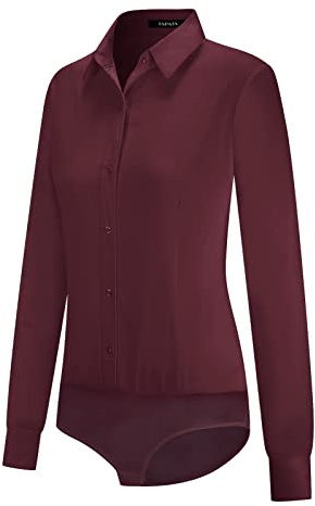 Tapata Blouse Body pour Femme avec Boutons, Une pièce, Manches Longues, Solide Chemise de Travail de Bureau, Haut décontracté, Rouge Bordeaux, S