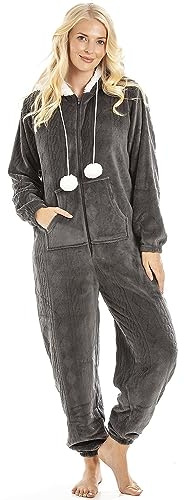 Camille Combinaison à capuche super douce avec fermeture éclair pour femme | Combinaison longue en polaire épaisse pour femme | Manches longues, capuche confortable, poches | Matériau chaud, charbon