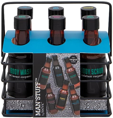 Man Stuff The 6 Pack Mens Shower & Body Wash Essential Toiletries Set with Caddy
