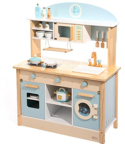 ROBUD Kinderküche Holz für Kinder | Spielküche mit Zubehör Holz Kinder Küche Spielzeug mit Nahrungs & Küchengeräten, Geschenke Spielzeug für Mädchen Jungen Kleinkinder