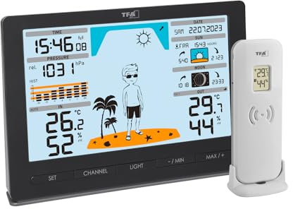 TFA Dostmann Funk Wetterstation METEO JACK, 35.1097.01, mit Außensensor, inkl Wettervorhersage mit Luftdruck, Mondphase, Sonnenaufgang- & -untergang, Funkuhr, Amazon Exklusiv, schwarz