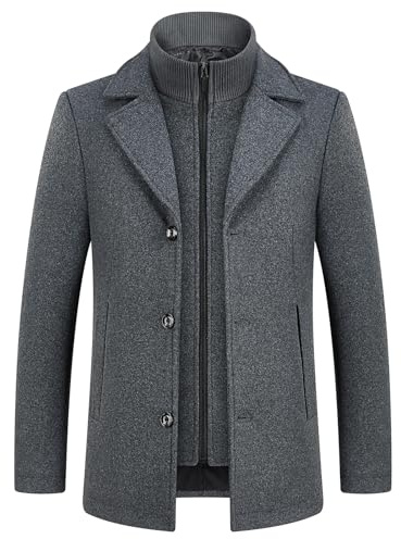 KUDMOL Men's Winter Wool Coat with Removable Cotton Gilet 2-in-1 Winter Warm Casual Peacoat(Grey,XL)