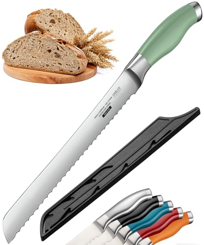 Orblue Bread Knife, 10-Inch Serrated Stainless Steel – Ultra Sharp for Crusty Artisan Bread, Bagels, Cakes & Pastries – Non-Slip Handle Slicer, Green