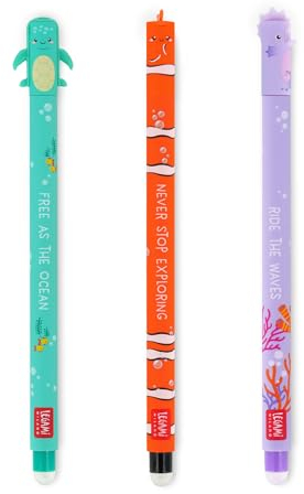 LEGAMI - 3er Set Gel Radierstifte, Unter dem Meer, Stifte mit radierbarer Tinte, Türkis, Schwarz, Lila, Radierstift Marine, radierbar ohne Blatt zu verbrauchen, 0,7 mm Spitze