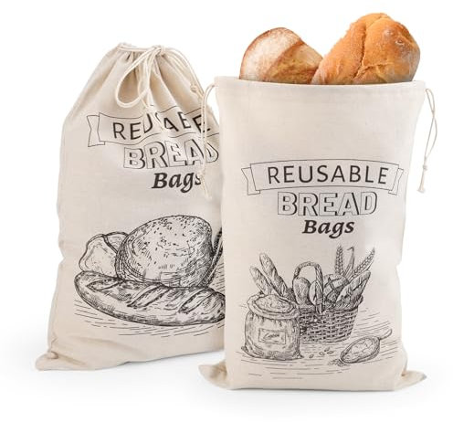 Gosknor 2uds Bolsas de Tela para Pan, Bolsas de Algodón Reutilizables para Pan Casero Bolsas de Pan Sin Blanquear Lavables para Pan de Masa Madre Croissants Bagels Tostadas