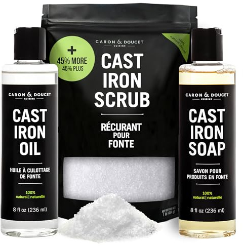 CARON & DOUCET – New Ultimate Cast Iron Set: Seasoning Oil, Cleaning Soap & Restoring Scrub | 100% Plant-Based & Best for Cleaning Care, Washing, Restoring & Seasoning Skillets, Pans & Grills!