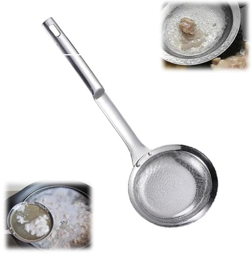 Colador de malla fina de acero inoxidable, colador de malla fina de acero inoxidable, colador de malla extrafina con cuchara con mango para filtro de aceite, desnatadora de grasa y espuma (Grande)