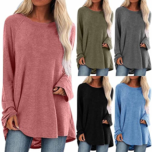 Tee Shirt Femme Long Sport Oversize Col Rond T-Shirts à Manche Longue Eté T-Shirt Basic Casual Ample Pullover Tops Couleur Unie Tee Blouse Mode Chic Lâche Haut Long Tunique Grande Taille Pas Cher