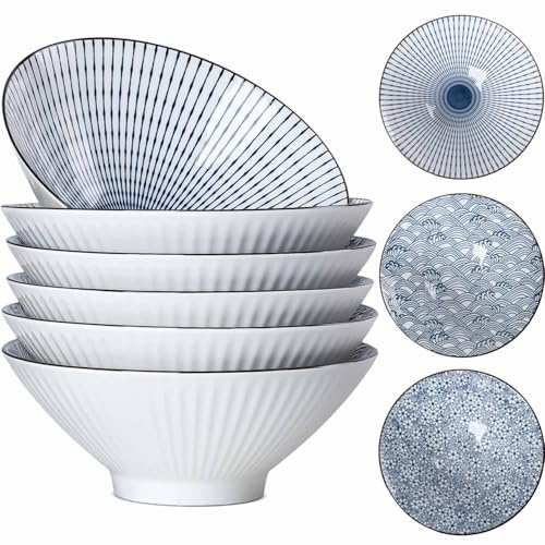 Yuanlity 38 oz Japanese Ramen Bowl Set of 6 - Large 8 Inch Ceramic Soup Bowls, Blue and White Japanese Noodle Bowls for Pho, Ramen, and Salad - Mixing Patterns