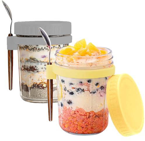 FePen Overnight Oats Jars, 2 Piezas 350ML Frascos de Vidrio con Tapa, Porta Yogur, Taza de Cereales para Llevar, Tarros de Avena Nocturna con Tapas y Cuchara,Vaso Portátil de Yogurt (Gray+Yellow)