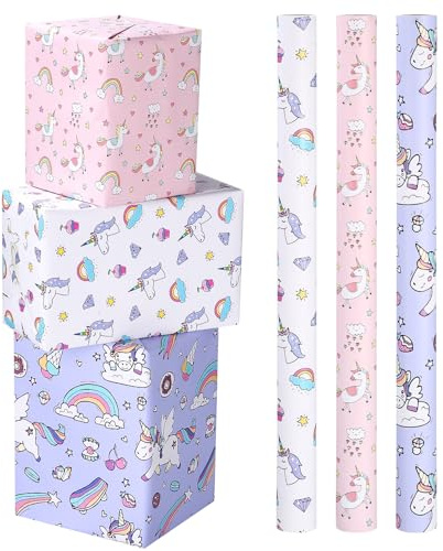 heuchaey Rollos de papel de regalo, 3 Rollos papel de regalo cumpleaños unicornios, 43 x 300 cm, para Decoración Infantil Cumpleaños, Envoltorios regalos para Navidad, festivales y fiestas