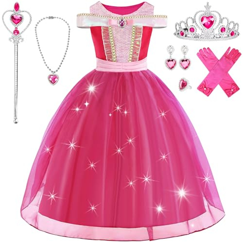 NLMWTI Robe de Princesse Filles, 9 pièces Costume de Soirée Enfant avec Ensemble de Collier de Couronne pour Anniversaire Fête Halloween Noël Partie Carnaval Cosplay Robe de Soirée