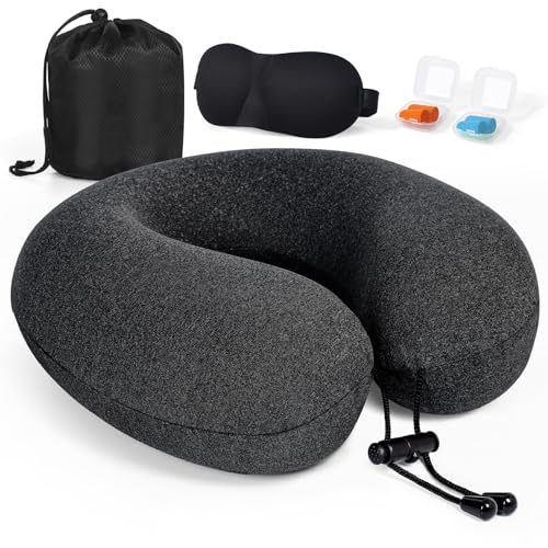 Kulamo Nackenkissen Flugzeug, Reisekissen 100% Memory Foam, Nackenhörnchen Erwachsene, Nackenkissen Reise mit 3D-Schlafmaske, Ohrstöpsel, Tasche Ideal Für Reisen Mit Flugzeug, Auto, Zug