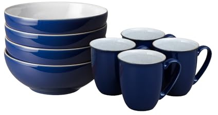 Denby - Elements Coffee Mug & Cereal Bowl 8 Piece Set - Dark Blue Dishwasher & Microwave Safe Stoneware - 4 x 330ml Tea Cups & Cereal Bowls for Soup - Ceramic, Chip Resistant for Everyday Use