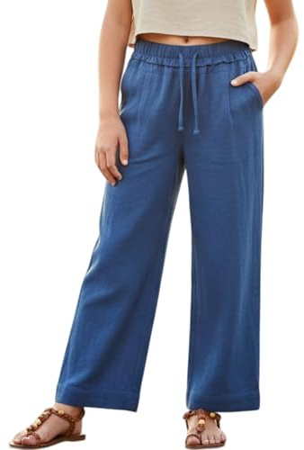 Rolanko Pantalones de Lino para Niñas, Cintura Elástica Pierna Ancha Palazzo Lounge Pantalones de Playa Fluidos con Bolsillos, Índigo, 140, 9-10 Años