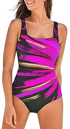 One Piece Swimsuit for Women Tummy Control Quick Dry Modest Swimwear U Neck Swimwear Colorful Tricolor Printed Sports Tankini Sets Red