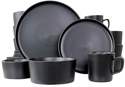 Elama Luxmatte Contemporary Dinnerware Set, Stoneware, Black