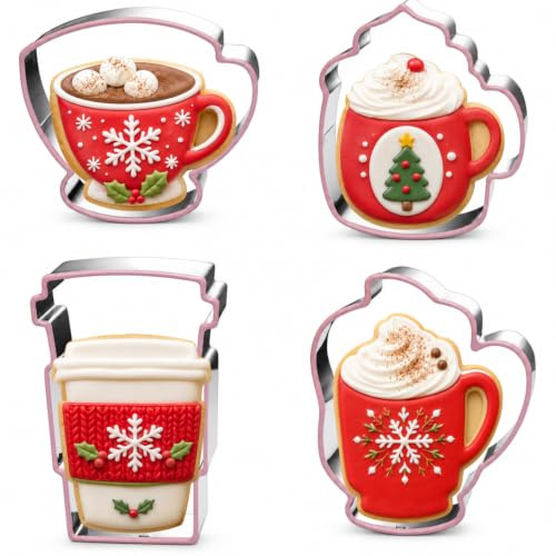 LUBTOSMN Large Coffee Cup Cookie Cutter Set-4 Piece-Coffee Mug, Hot Cocoa Mug, Lette, Teacup Cookie Fondant Biscui Cutters