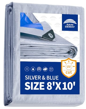 RAINDEWAY Tarps 8x10 Feet, 5.5 Mil - Multipurpose Waterproof Poly Tarp Cover with Metal Grommets and Reinforced Edges, Silver/Blue Tarp