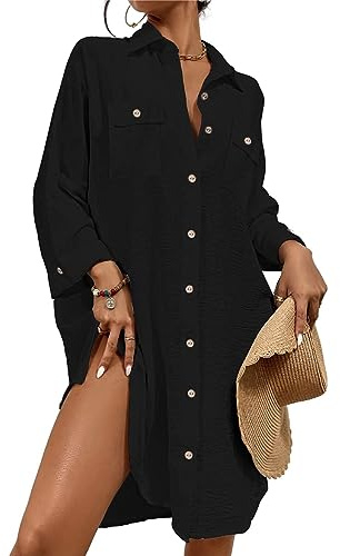 Bsubseach Womens Modern Swimsuit Cover Up Blouse Button Down Shirt Dresses Tops Black XL