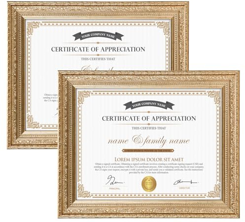 Edenseelake 8.5 x 11 Picture Frames Set of 2, Vintage Gold 8.5 x 11 Diploma Certificate Frame for Tabletop or Wall Display