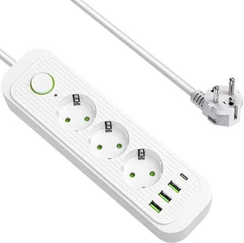 Regleta Enchufes con USB C, Protección sobretensión con 3 Tomas y 3 USB de Carga Rápida y 1 Tipo C, Extensión Protectora Multienchufe Alargador de 2 Metros (F23U Blanco)
