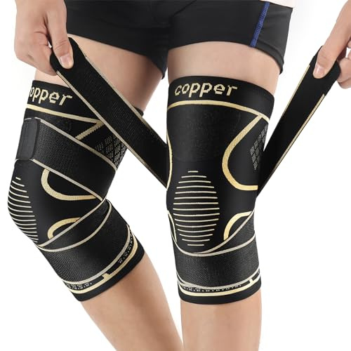 Copper Knee Braces with Strap for Knee Pain Women and Men(2 Pack), Knee Compression Sleeve for Arthritis, ACL, Meniscus Tear, Joint Pain Relief, Knee Support for Working, Running, Weightlifting(L)
