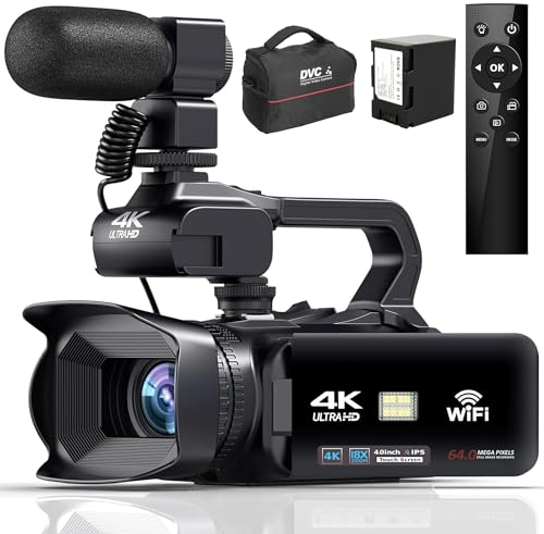 Sxhlseller 4K Videokamera Camcorder - 64MP 60FPS 18X Digital Zoom Auto Focus Vlogging Camera, 4500mAh 4.0 Touchscreen WiFi Videokamera mit Fernsteuerung/Mikrofon/Kameratasche for YouTube