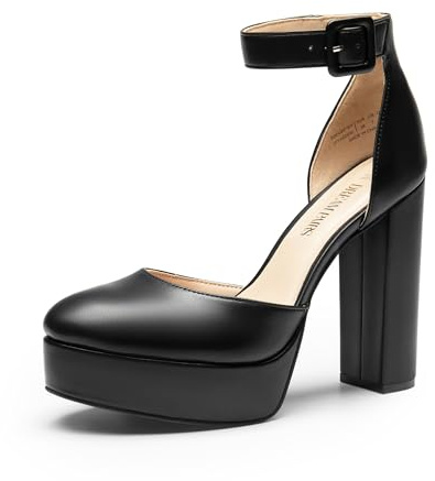 DREAM PAIRS Décolleté con Plateau e Cinturino alla Caviglia Comode Scarpe da Sposa con Tacco e Blocco per Festa,Size 39,Nero-Pu,SDPU2419W