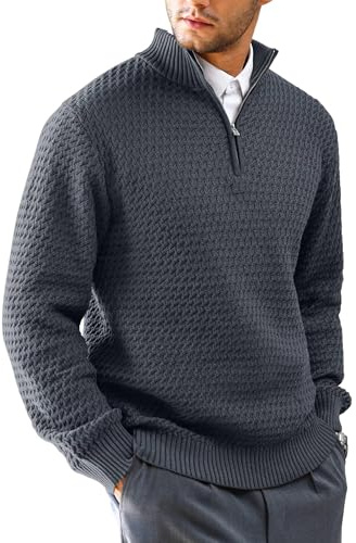 HYPESTFIT Men's Quarter Zip Mock Neck Jumper Textured V-Knit Long Sleeve