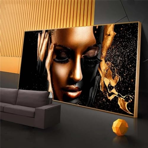 ZXBNNN Grandi dimensioni, pittura a olio su tela di donna africana in oro nero, poster e stampe, quadri moderni da parete per la casa, soggiorno, 90x172 cm (35x68 pollici) con cornice dorata