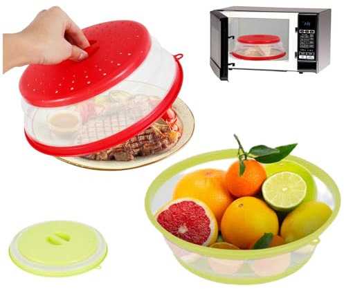 Jokapy Cubierta plegable para microondas, 26,5 cm, cesta de filtro de frutas, protección antisalpicaduras para microondas, con extractor de vapor para microondas, evita salpicaduras (2, rojo y verde)