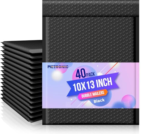 Metronic Bubble Mailer 10x13 Black 40 Pack, Poly Padded Envelopes Waterproof Shipping Bags for Clothing, Self Seal Cushioning Mailers for Shipping Books, Jewelry, Makeup Supplies