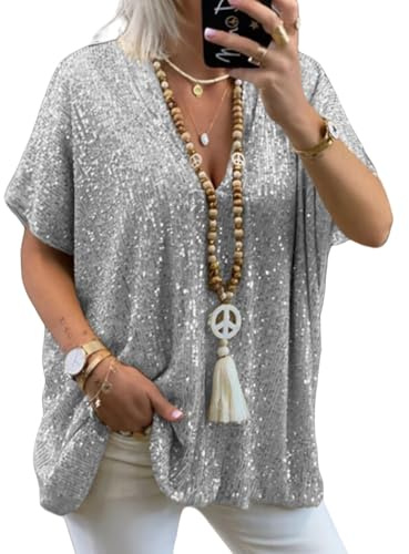 Asoodiy Women Sequin Tops Sparkly V Neck Blouse Short Sleeve Glitter Top Party Club Blouses Ladies Baggy Loose fit Shirts White Sliver M