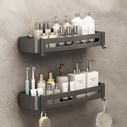 Mensola doccia senza foratura, in alluminio, 2 ripiani da bagno con 4 ganci, impermeabile, per doccia, cucina, bagno rganizer, 32 × 12 × 4 cm (larghezza x grigio canna fumaria