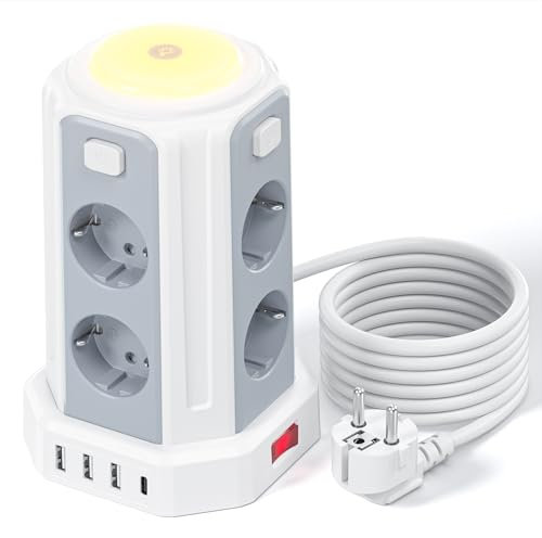 12 en 1 Multiprise avec Interrupteur (3600W/16A), 3M Tour Multiprise with 4 USB Ports and 8 Sockets, avec Lumière pour Le Bureau et la Maison