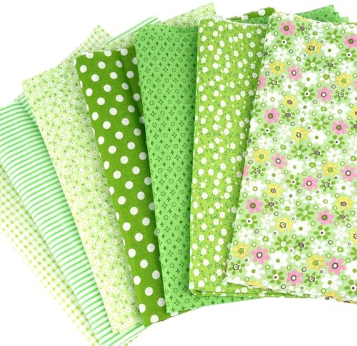 7 Stück Stoff zum Nähen, 50x80cm Grün Patchwork Baumwollstoff - Blümchen‌ und Kleine Punktchen Muster, Stoffreste zum Basteln Kleidung, DIY Handgefertigte Stoffpakete Fabrics for Sewing Quilt